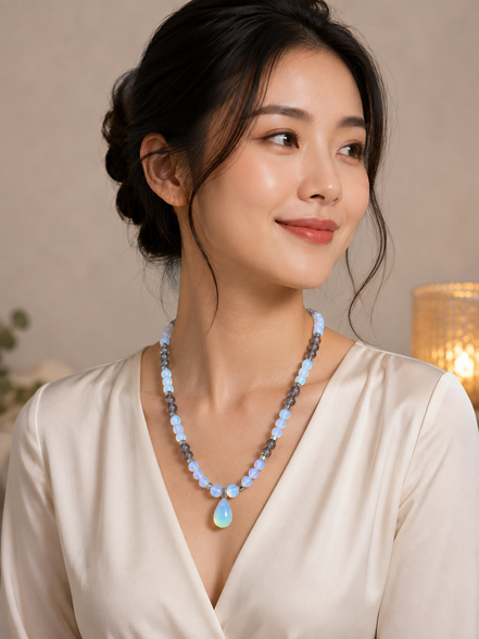 Blue Topaz & Opalite Beaded Necklace with Opalite Teardrop Pendant – 22" Steel Wire Necklace