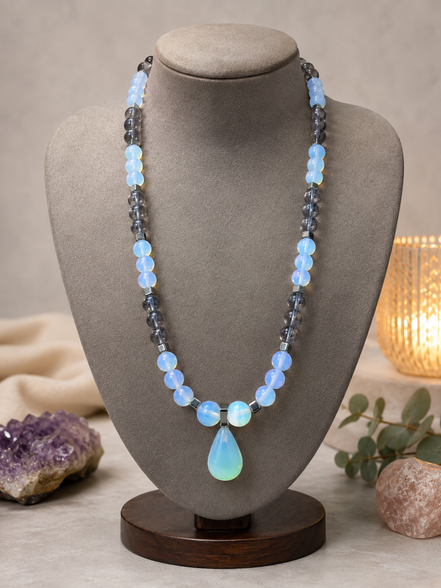 Blue Topaz & Opalite Beaded Necklace with Opalite Teardrop Pendant – 22" Steel Wire Necklace