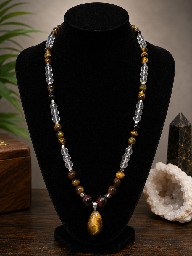 Blue Topaz & Tiger's Eye Beaded Necklace with Tiger's Eye Teardrop Pendant – 22" Steel Wire Necklace