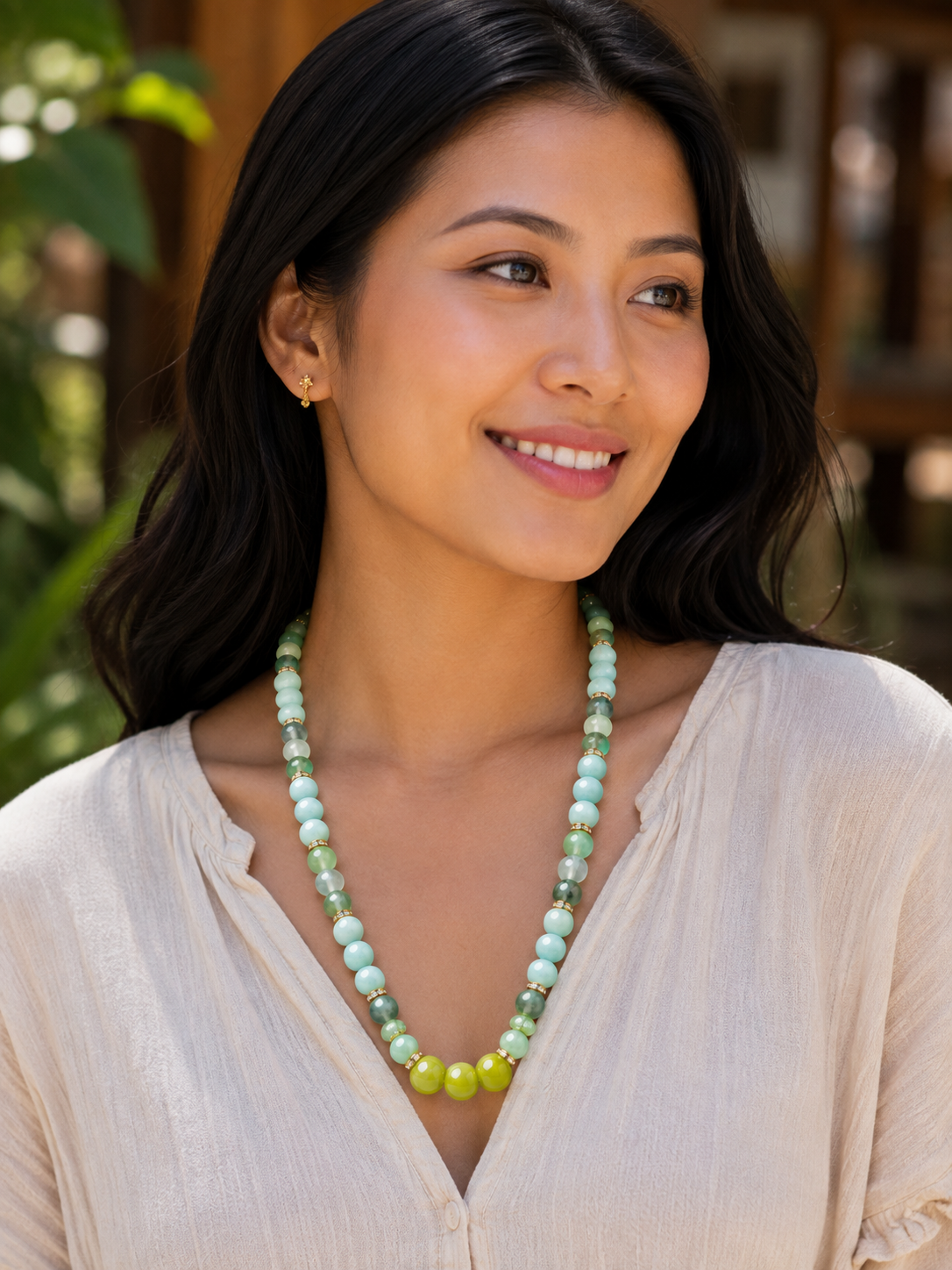 Burmese Jade, Green Dragon Agate & Peridot Beaded Necklace – 22
