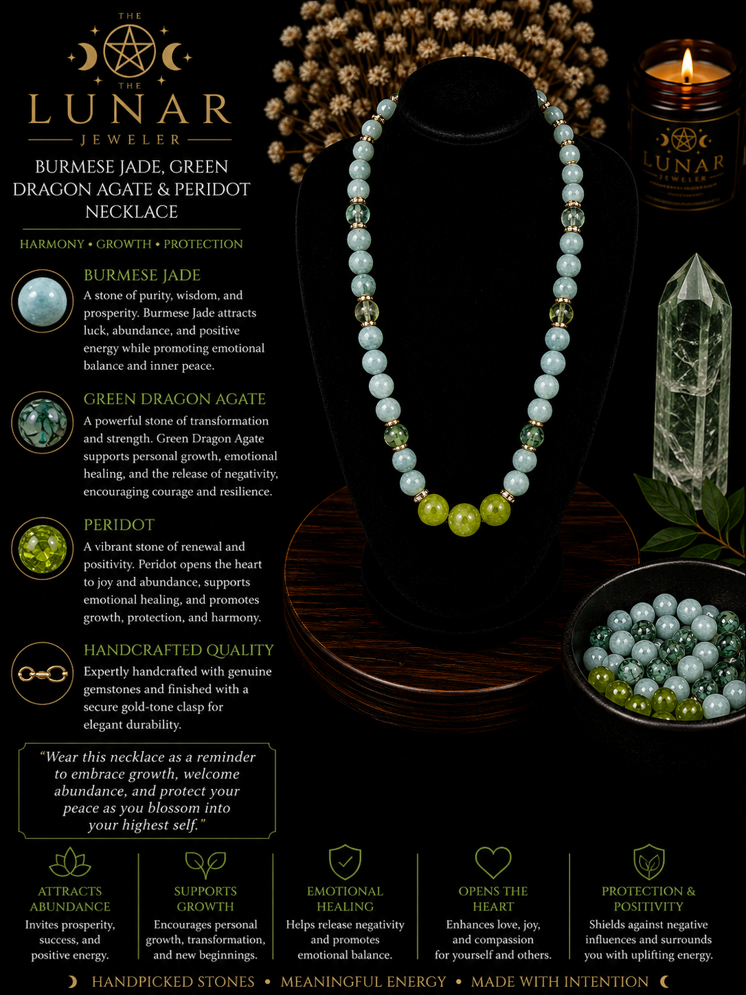 Burmese Jade, Green Dragon Agate & Peridot Beaded Necklace – 22