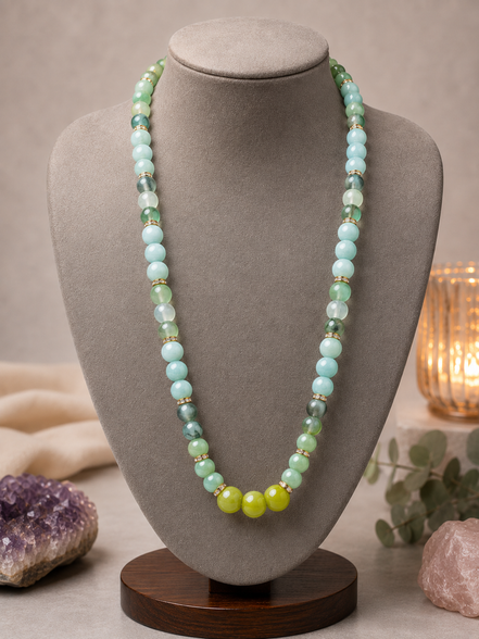 Burmese Jade, Green Dragon Agate & Peridot Beaded Necklace – 22" Steel Wire Necklace