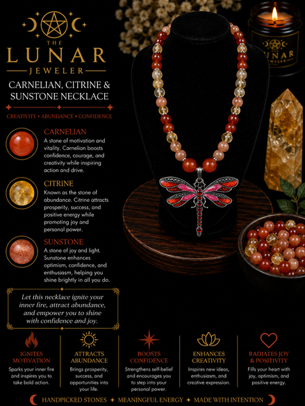 Carnelian, Citrine & Sunstone Beaded Necklace with Red Dragonfly Pendant – 22" Steel Wire Necklace