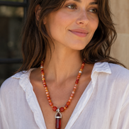 Carnelian Beaded Necklace with Red Resin Pendant – 22