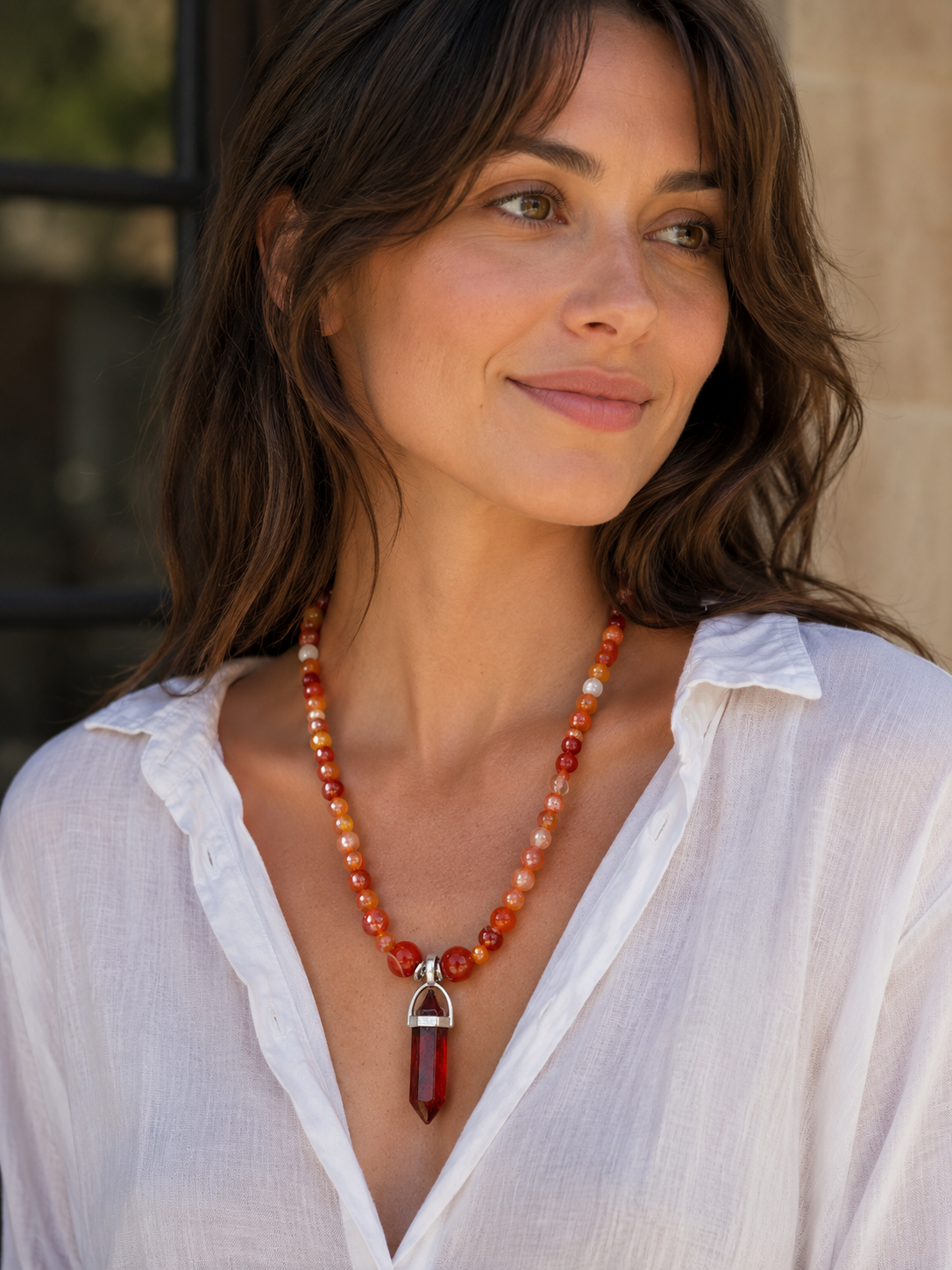 Carnelian Beaded Necklace with Red Resin Pendant – 22