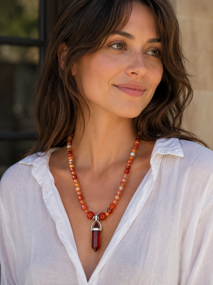 Carnelian Beaded Necklace with Red Resin Pendant – 22" Steel Wire Necklace