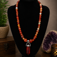 Carnelian Beaded Necklace with Red Resin Pendant – 22
