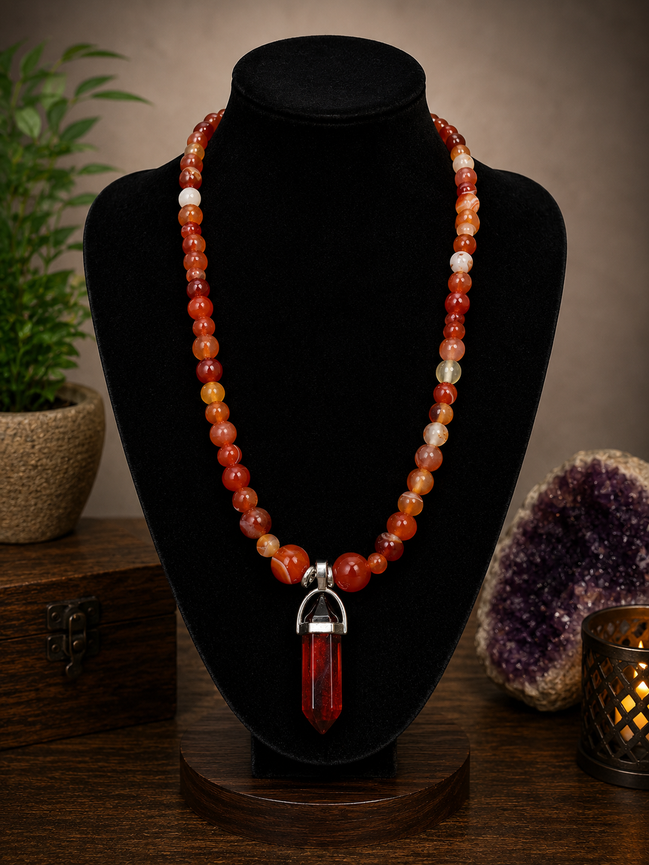 Carnelian Beaded Necklace with Red Resin Pendant – 22" Steel Wire Necklace