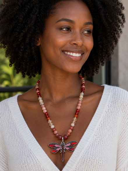 Carnelian, Citrine & Sunstone Beaded Necklace with Red Dragonfly Pendant – 22" Steel Wire Necklace