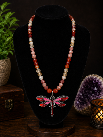Carnelian, Citrine & Sunstone Beaded Necklace with Red Dragonfly Pendant – 22" Steel Wire Necklace