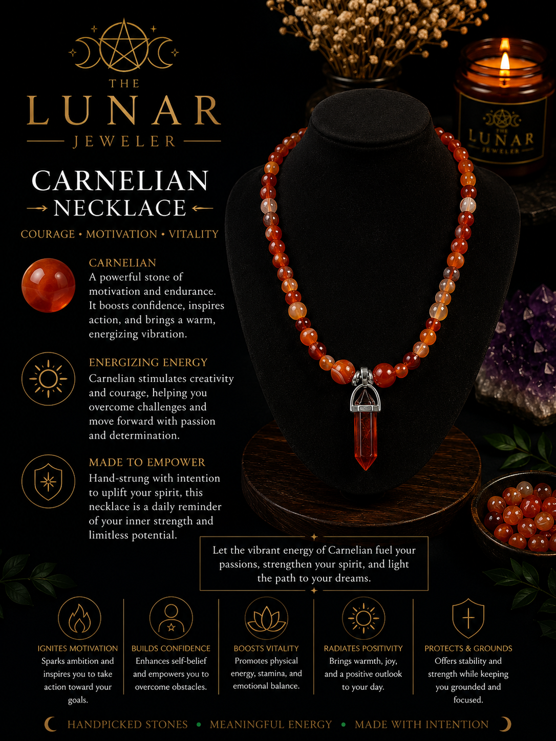 Carnelian Beaded Necklace with Red Resin Pendant – 22