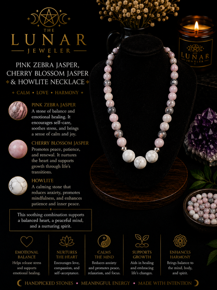 Cherry Blossom Jasper, Pink Zebra Jasper & Howlite Beaded Necklace – 22" Steel Wire Necklace
