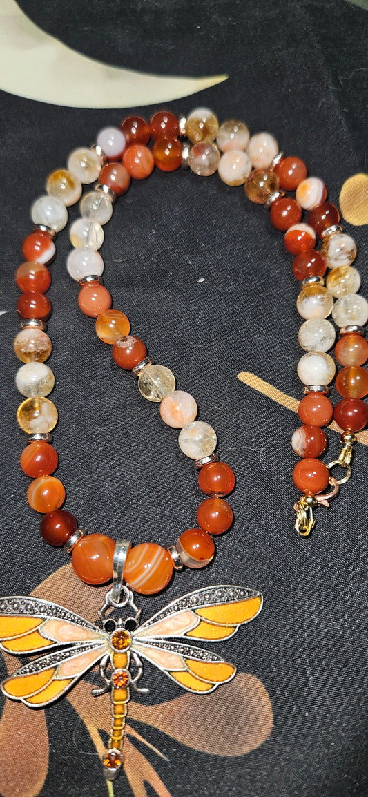 Carnelian and Citrine Necklace with Dragonfly Pendant