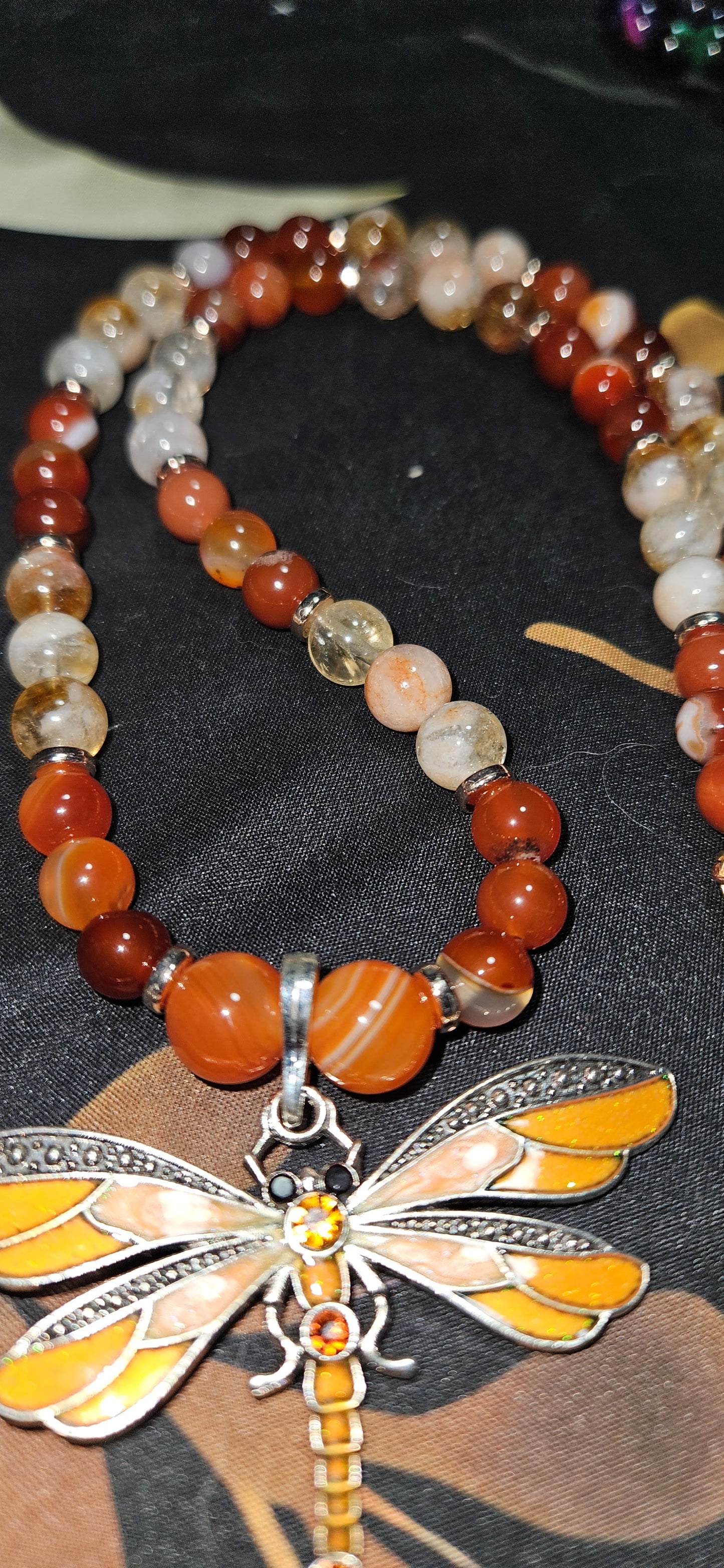 Carnelian and Citrine Necklace with Dragonfly Pendant