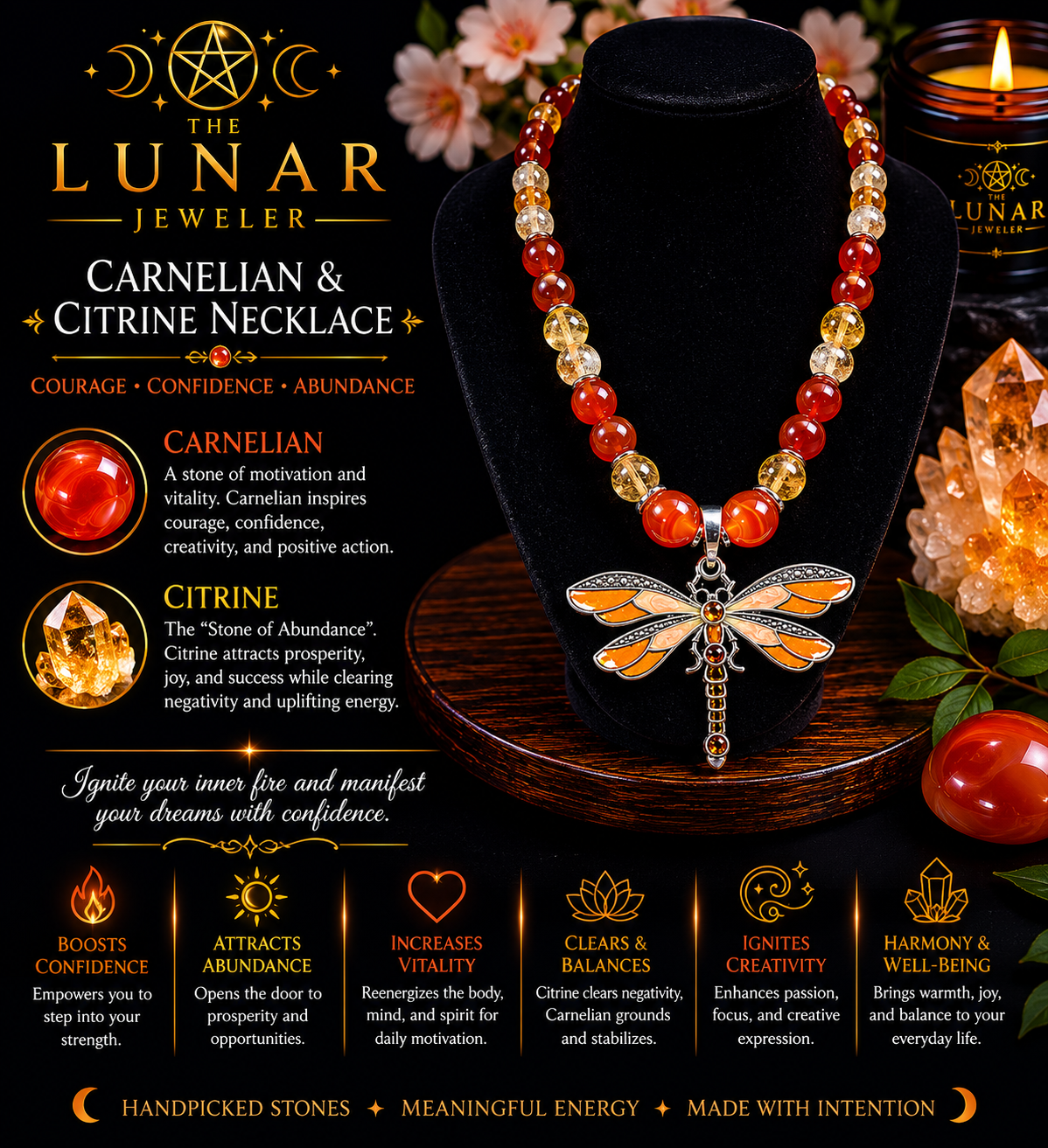 Carnelian & Citrine Beaded Necklace with Orange Dragonfly Pendant – 22