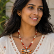Carnelian & Citrine Beaded Necklace with Orange Dragonfly Pendant – 22