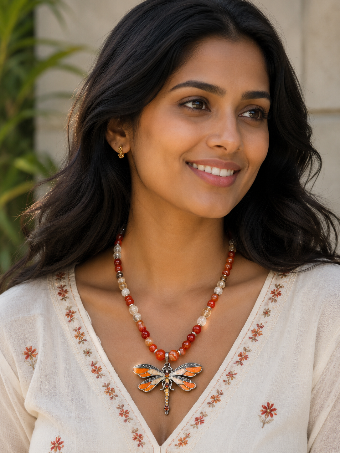 Carnelian & Citrine Beaded Necklace with Orange Dragonfly Pendant – 22