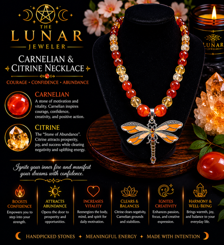 Carnelian & Citrine Beaded Necklace with Orange Dragonfly Pendant – 22" Steel Wire Necklace