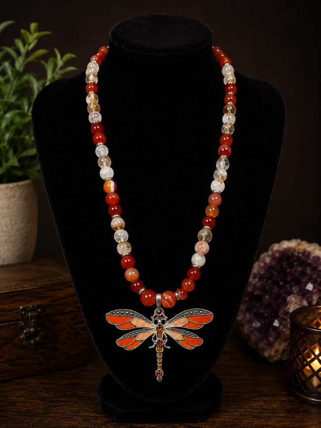 Carnelian & Citrine Beaded Necklace with Orange Dragonfly Pendant – 22" Steel Wire Necklace