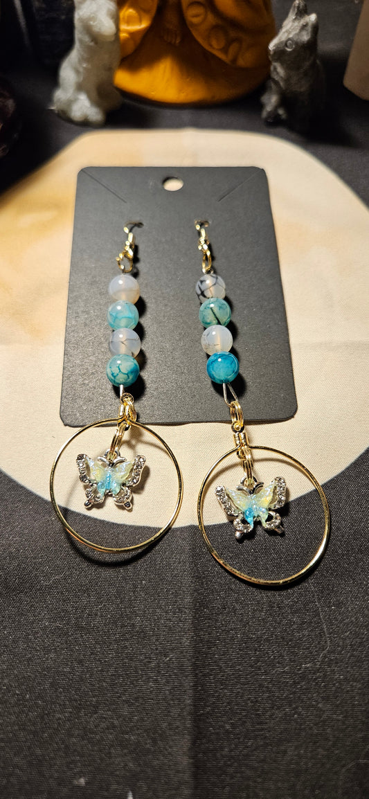 Black and Green Dragon Agate butterfly hoop earrings
