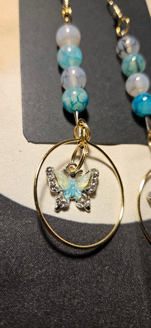 Black and Green Dragon Agate butterfly hoop earrings