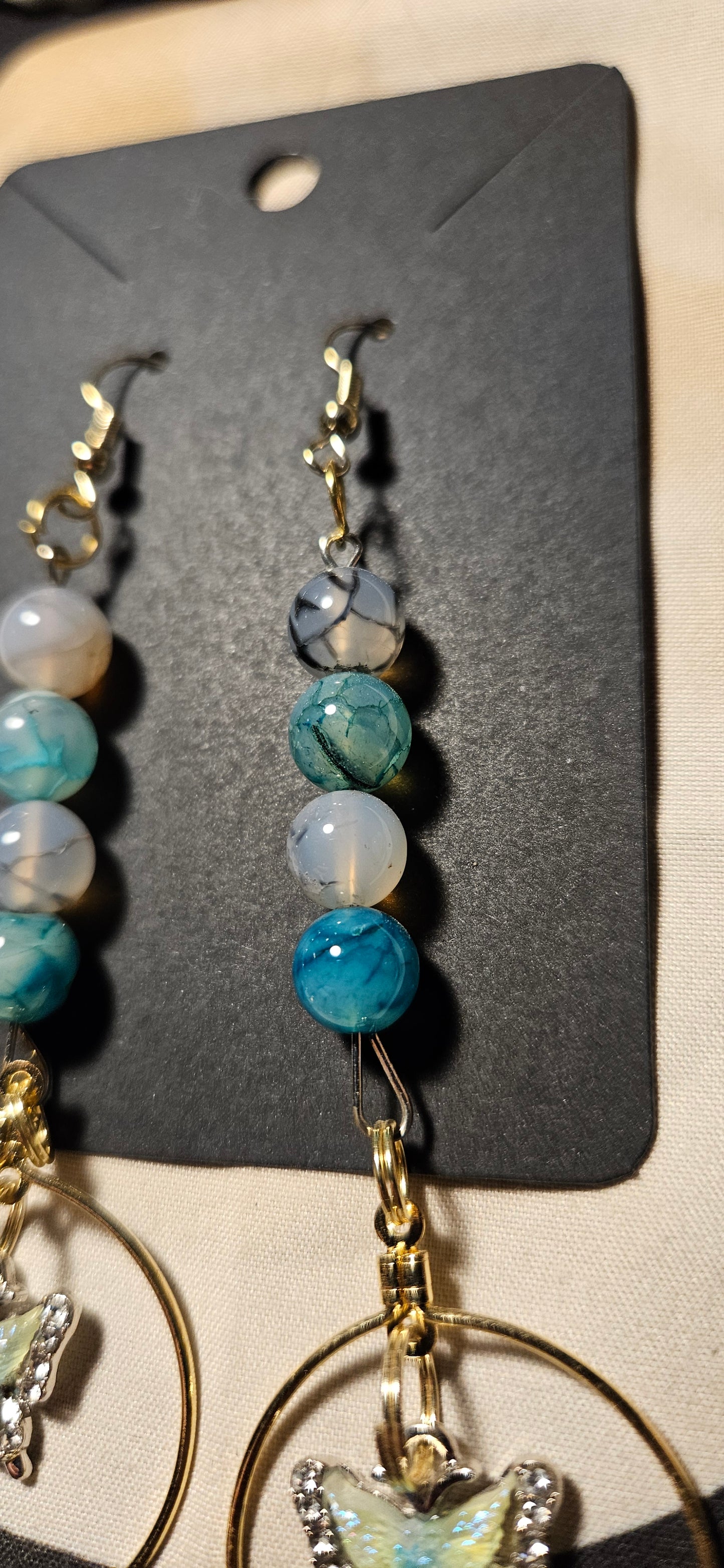 Black and Green Dragon Agate butterfly hoop earrings