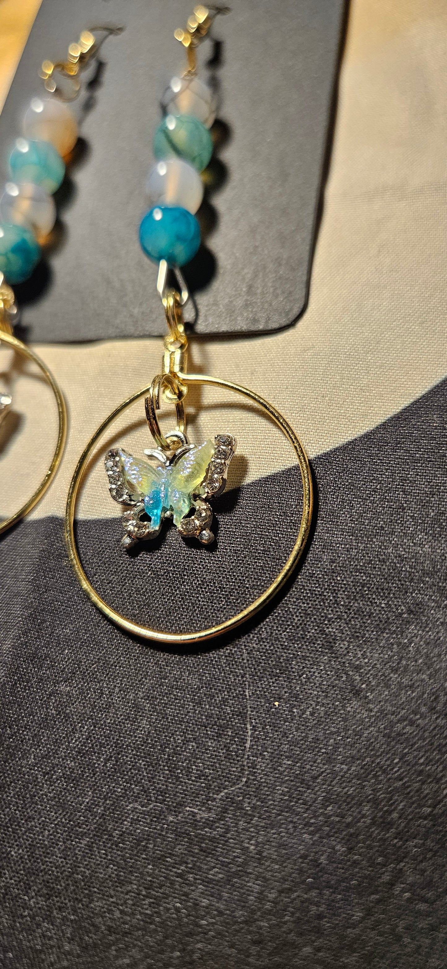 Black and Green Dragon Agate butterfly hoop earrings