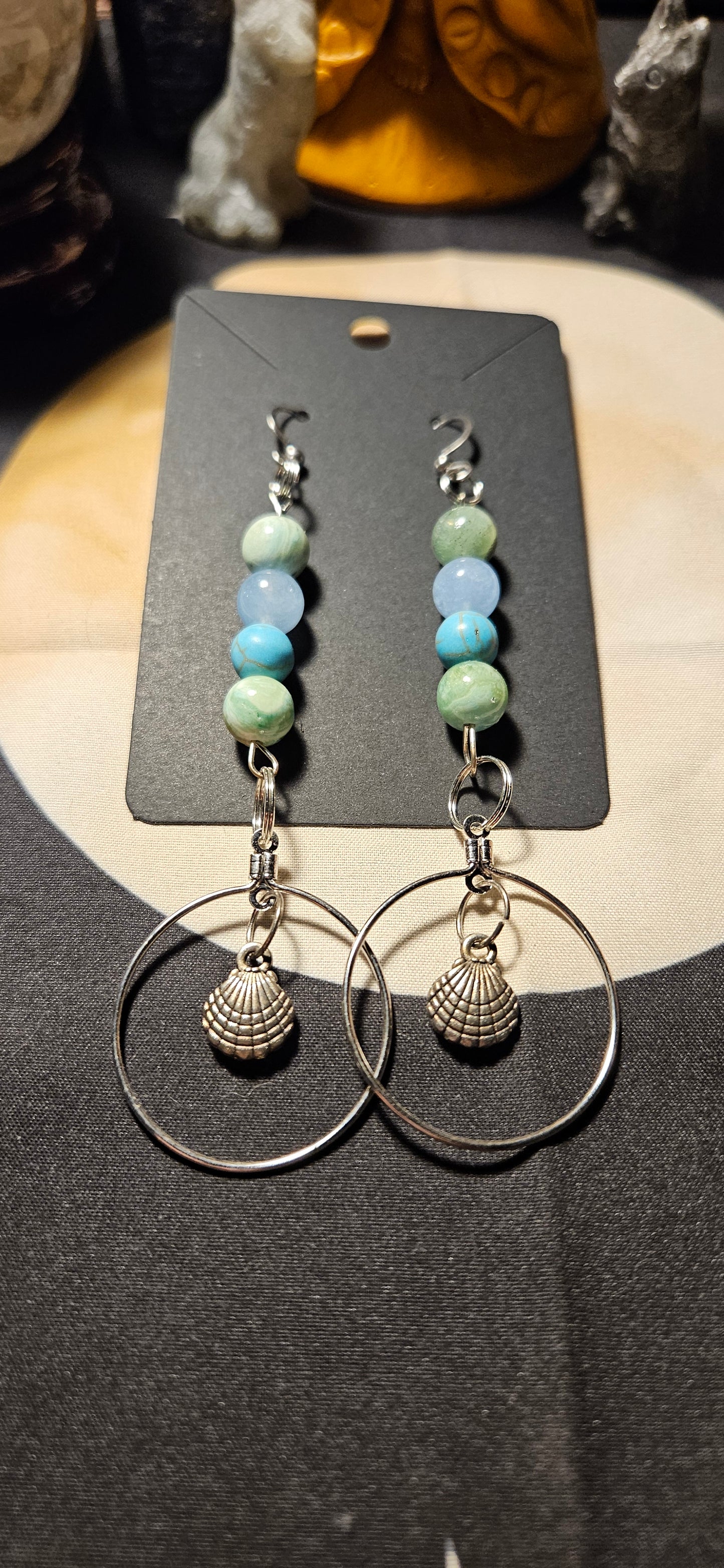 Variscite, Aquamarine, Turquoise Seashell Earrings