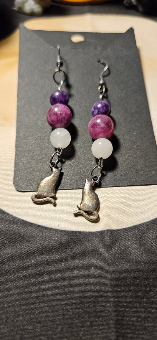 Amethyst, Lepidolite, Rose Quartz cat earrings