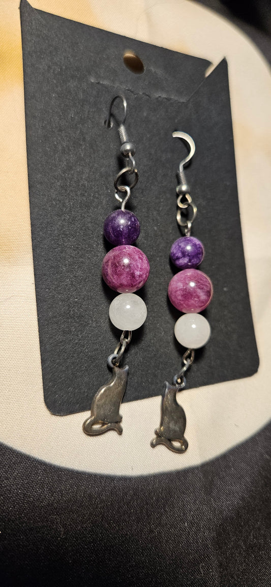 Amethyst, Lepidolite, Rose Quartz cat earrings