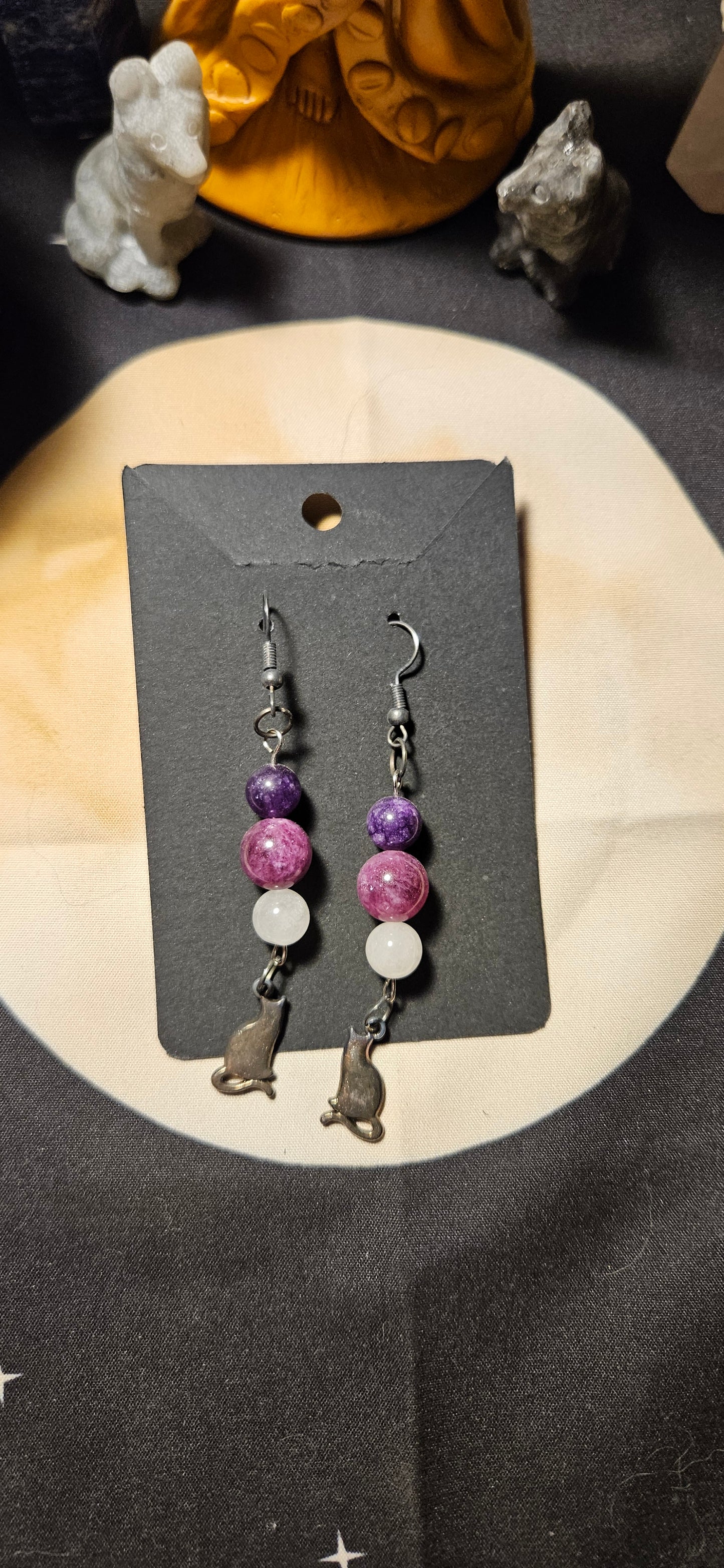 Amethyst, Lepidolite, Rose Quartz cat earrings