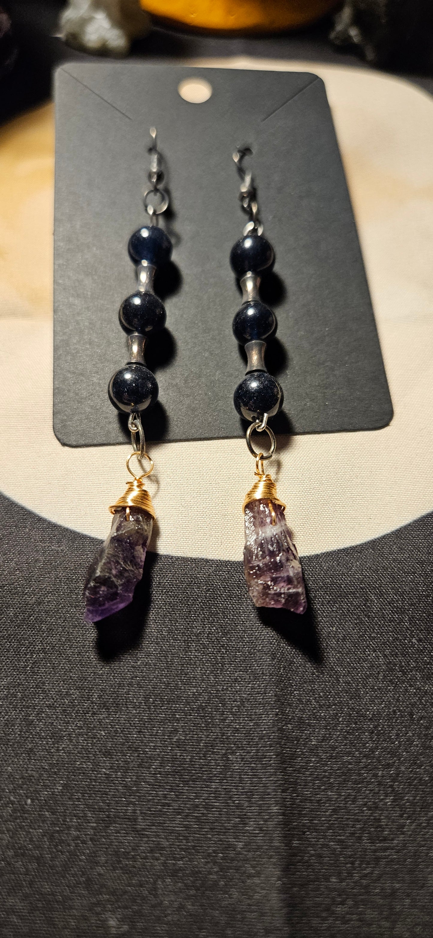 Obsidian and raw dark Amethyst earrings