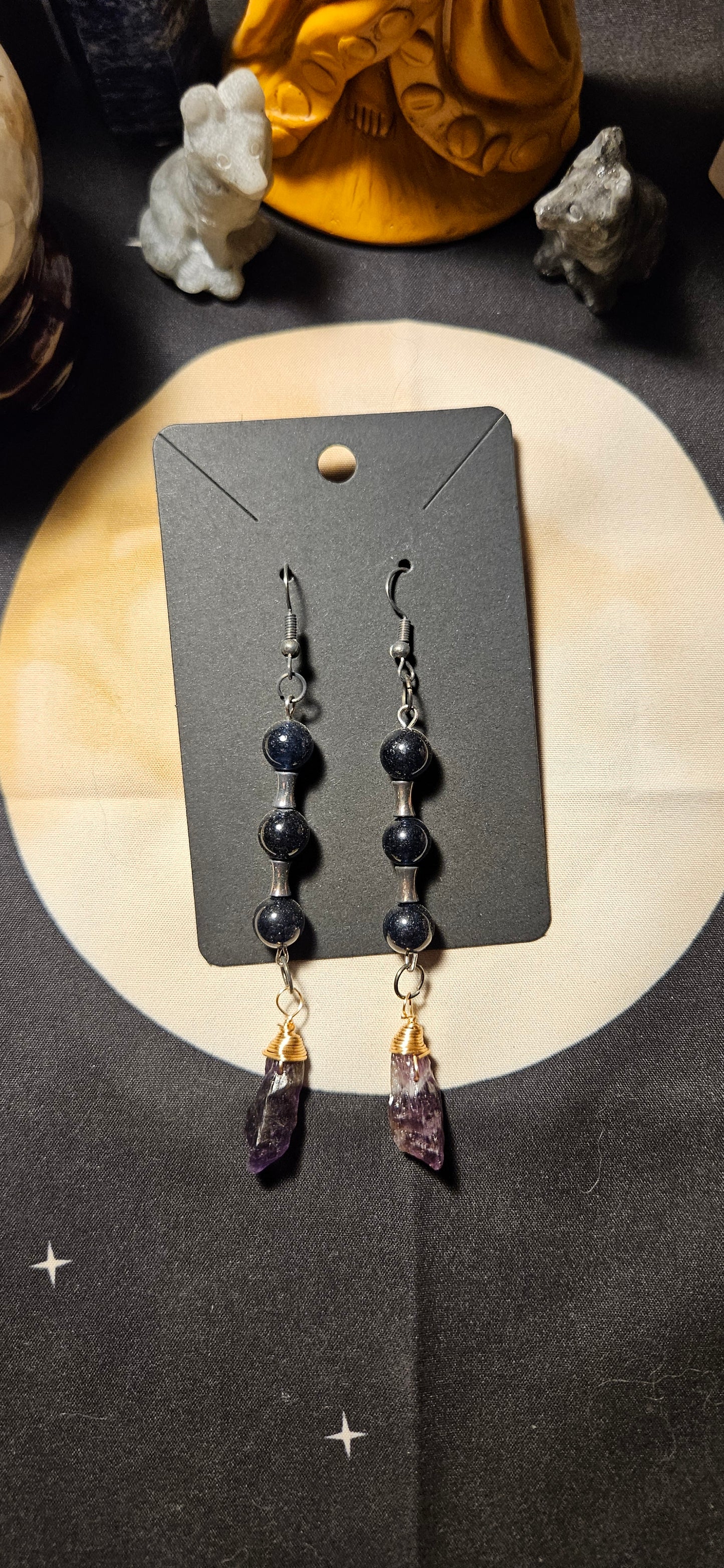Obsidian and raw dark Amethyst earrings