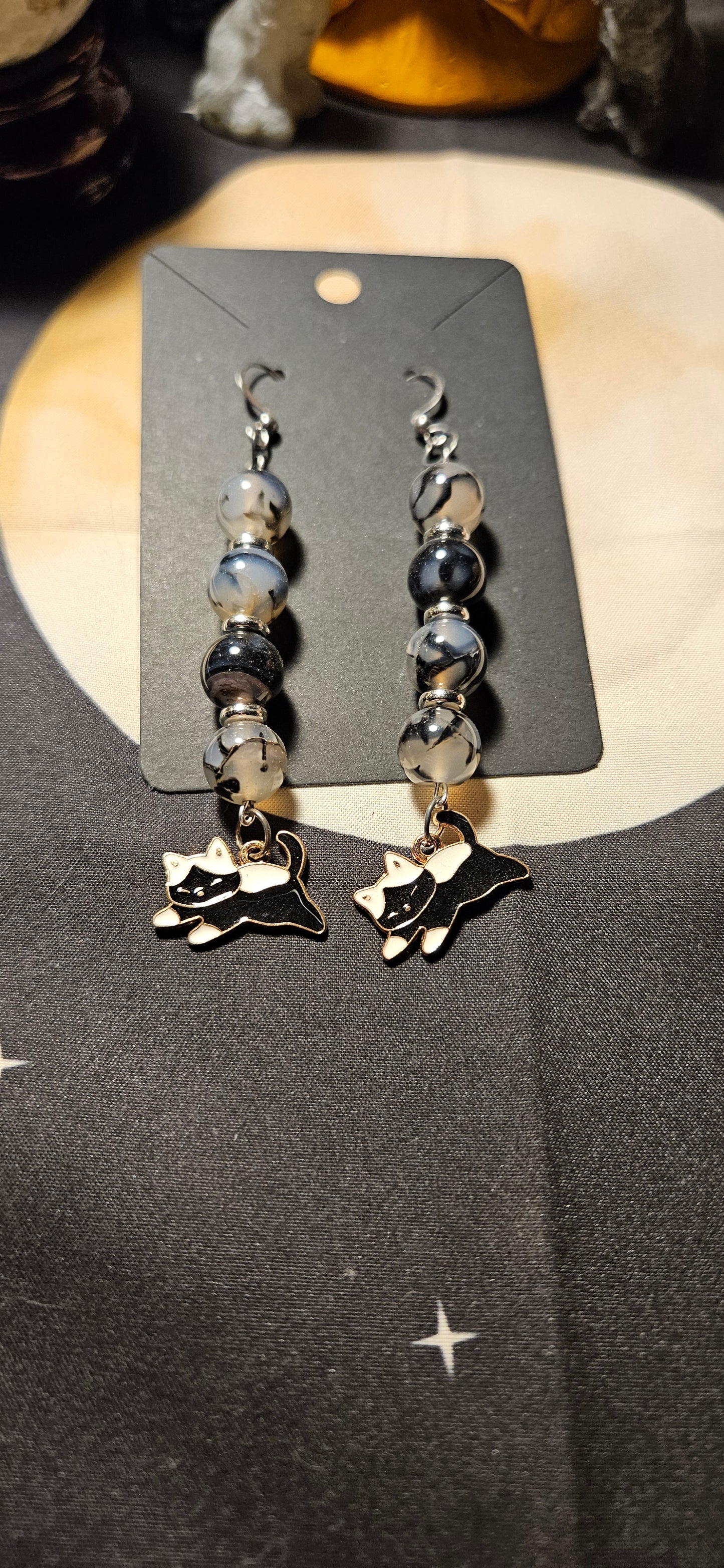 Black Dragon Agate with Cat charm earrings