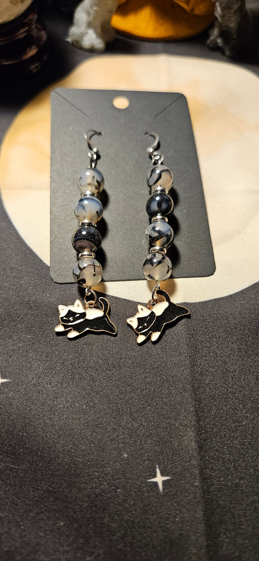 Black Dragon Agate with Cat charm earrings