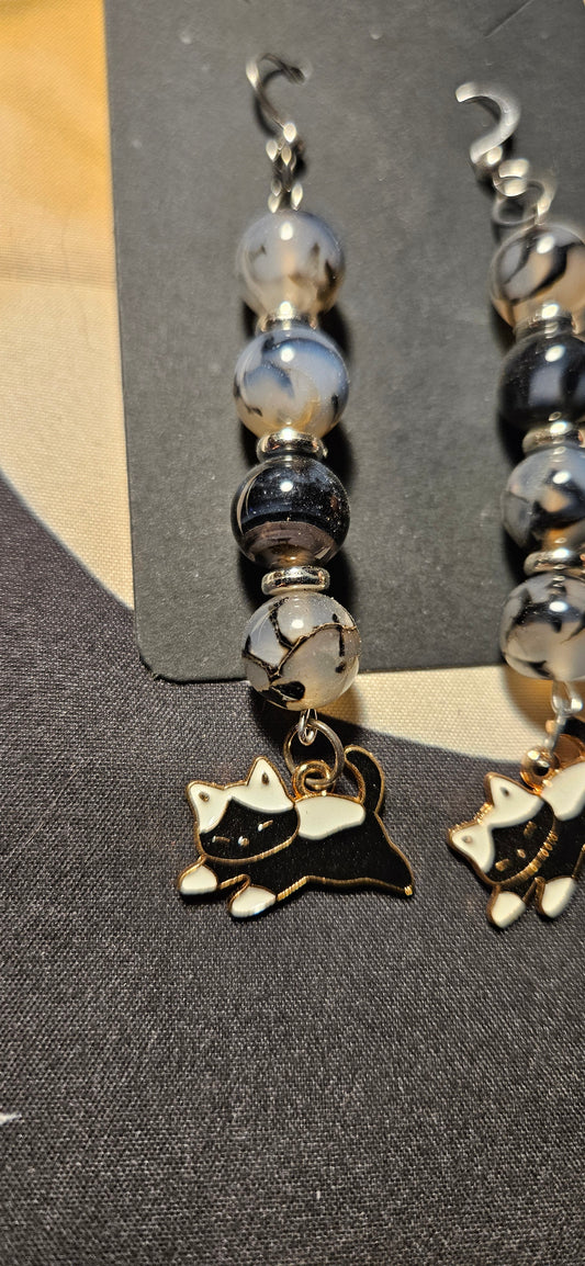 Black Dragon Agate with Cat charm earrings