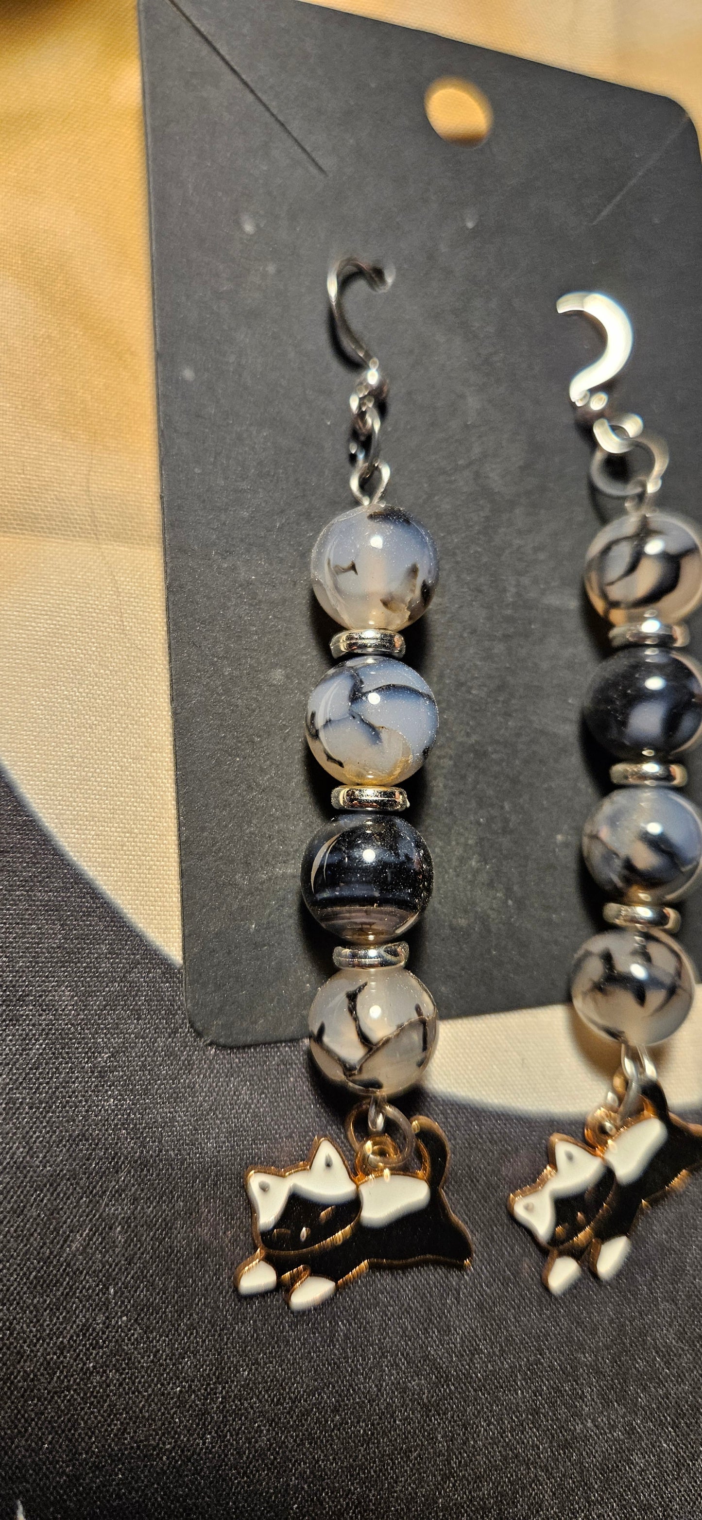 Black Dragon Agate with Cat charm earrings