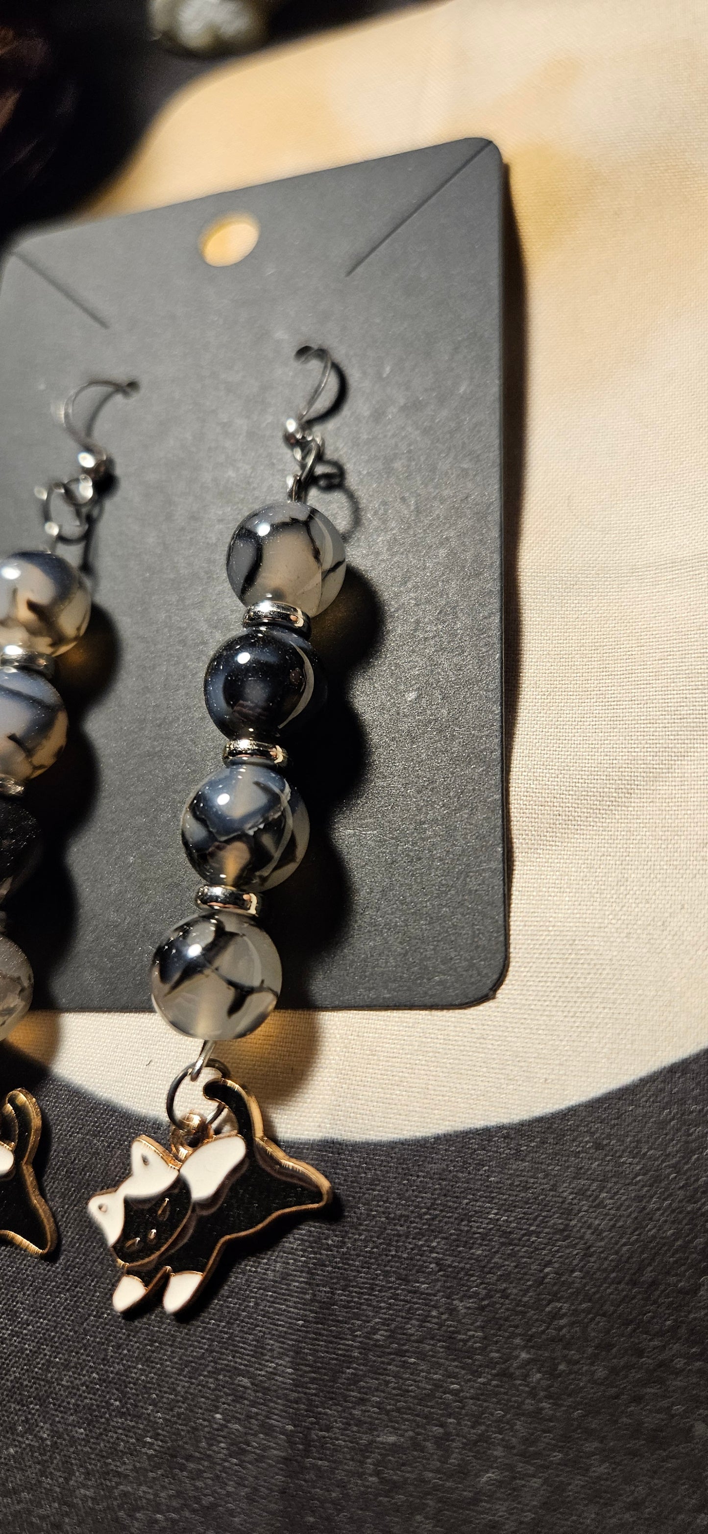 Black Dragon Agate with Cat charm earrings