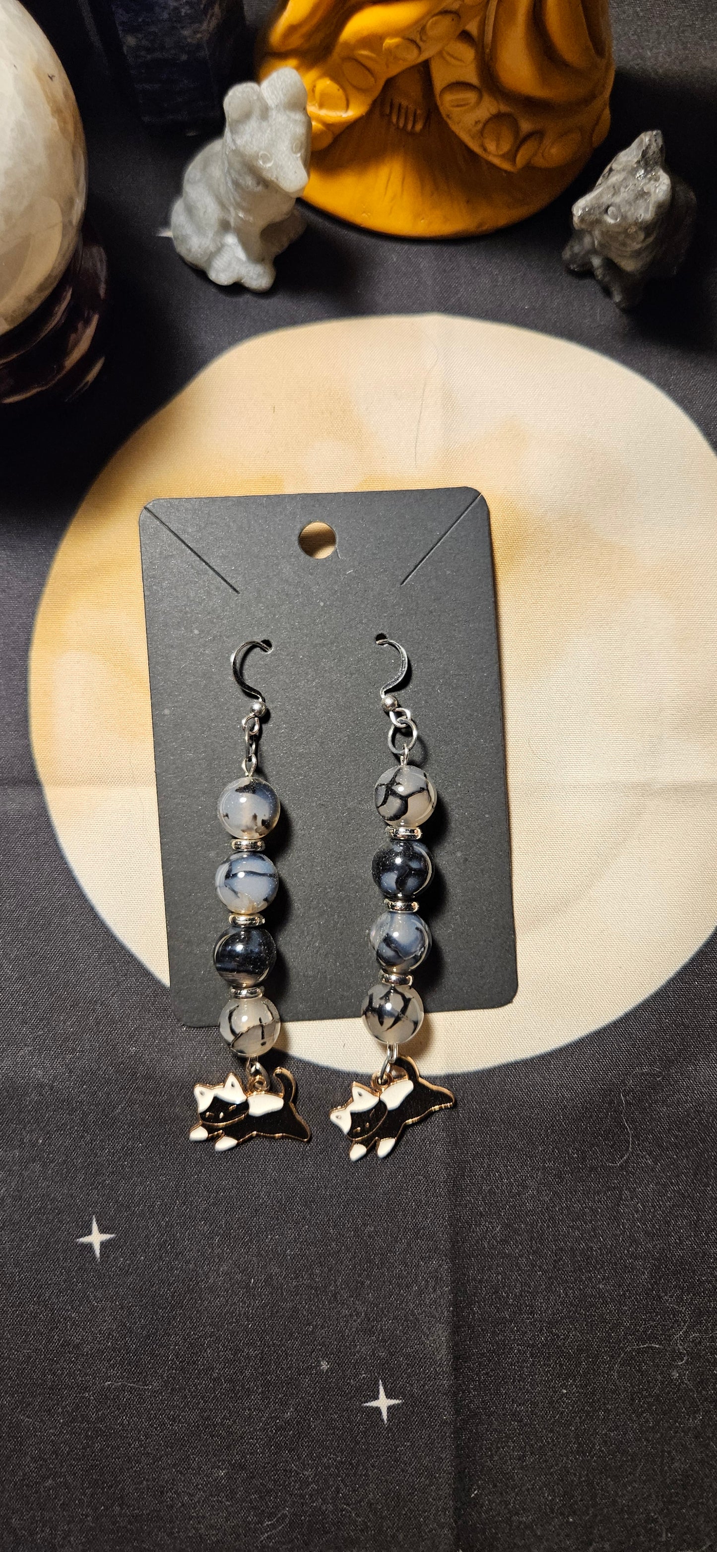 Black Dragon Agate with Cat charm earrings