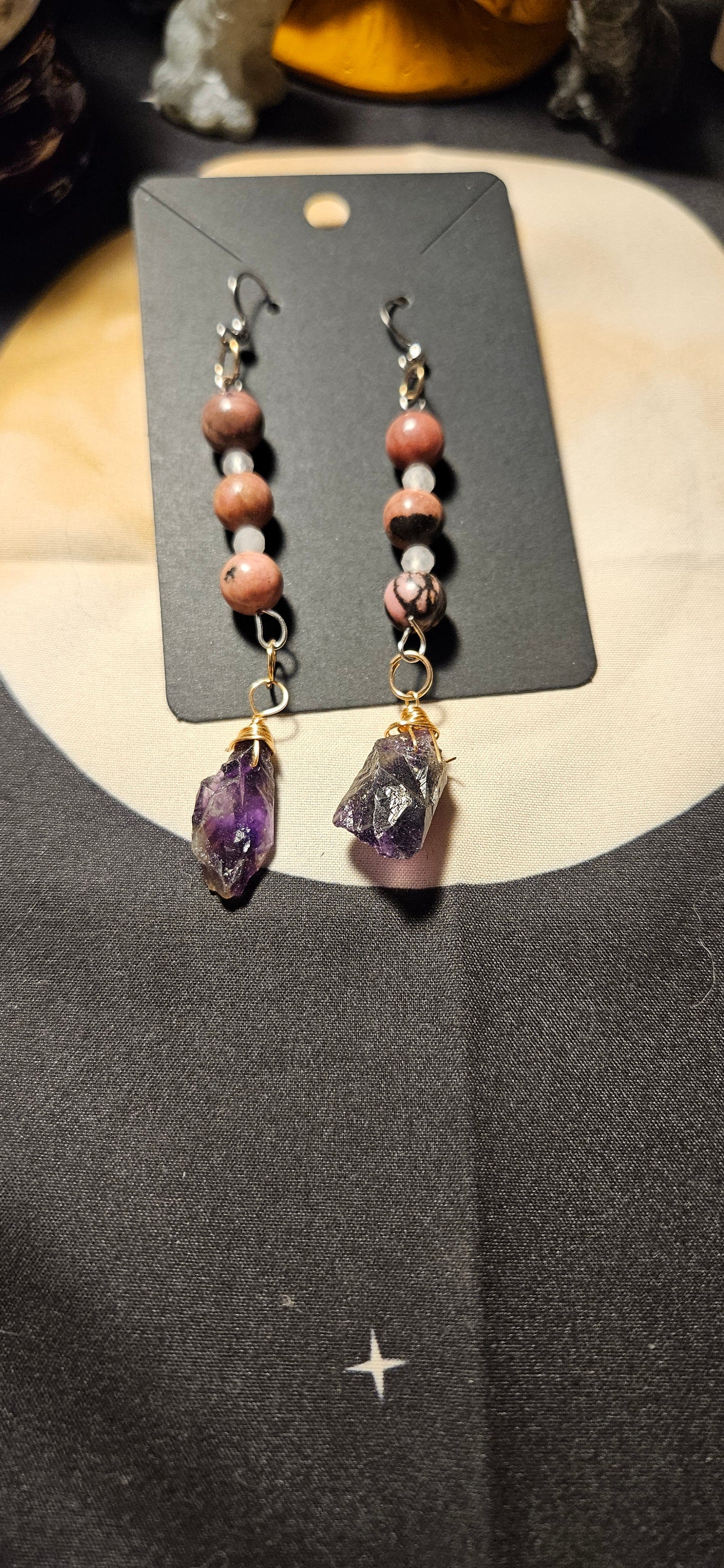 Rhondite and Raw Amethyst earrings