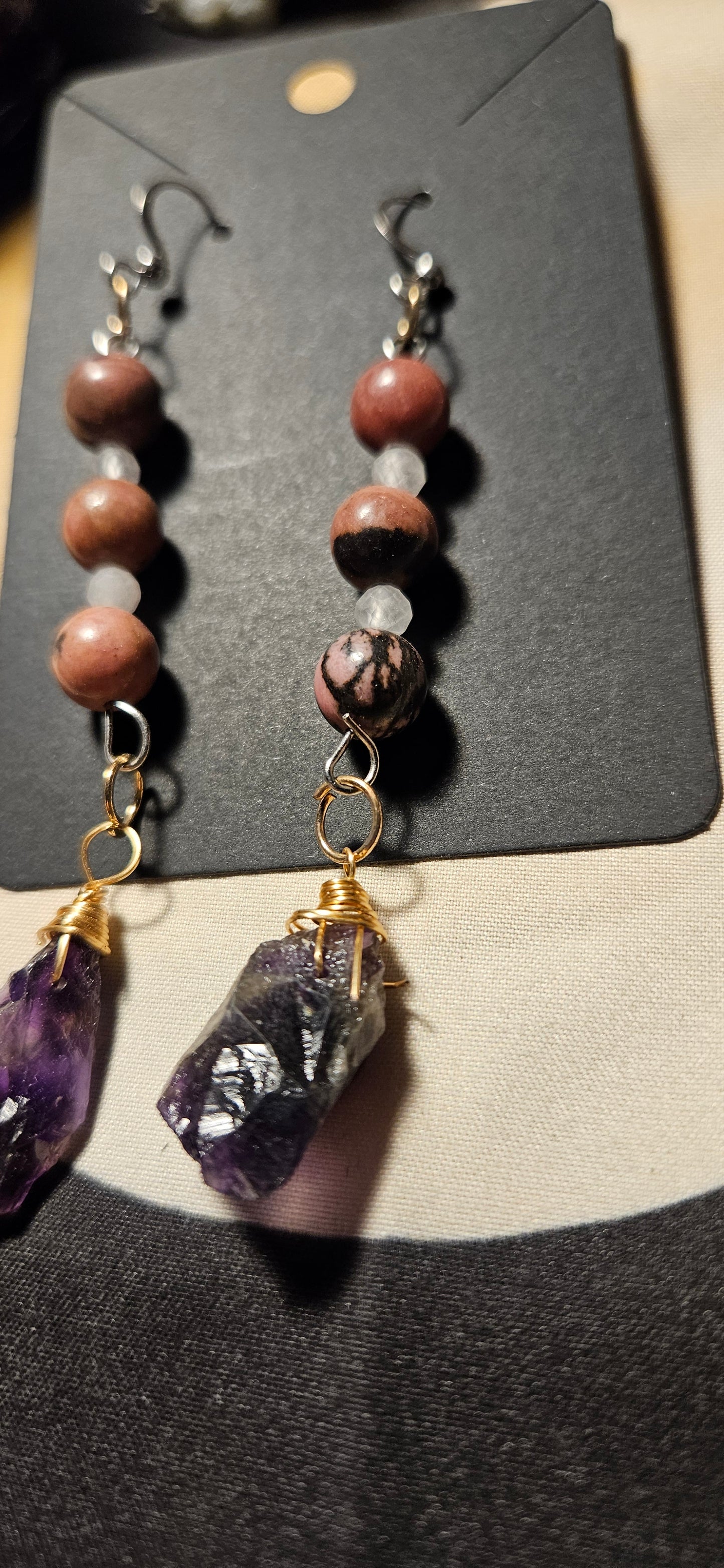 Rhondite and Raw Amethyst earrings