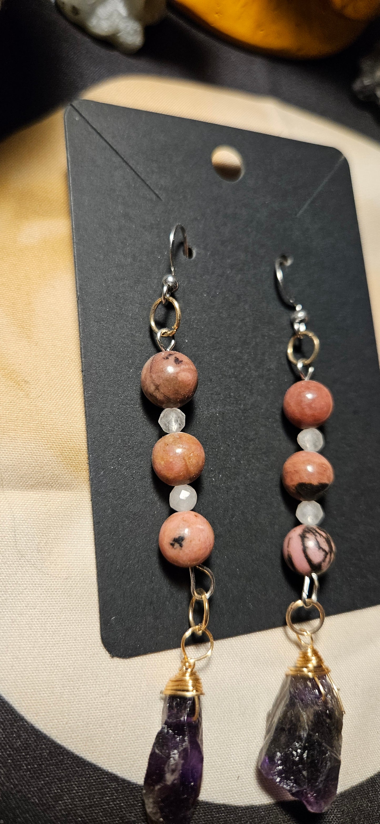 Rhondite and Raw Amethyst earrings