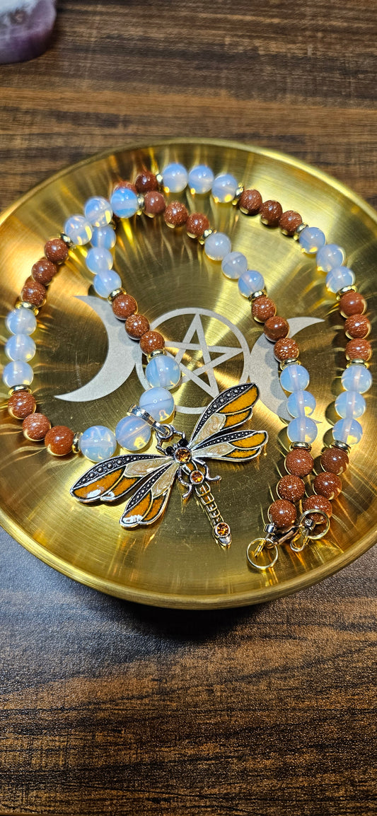 Golden Sandstone & Opalite Dragonfly Necklace – 21" Celestial Jewelry