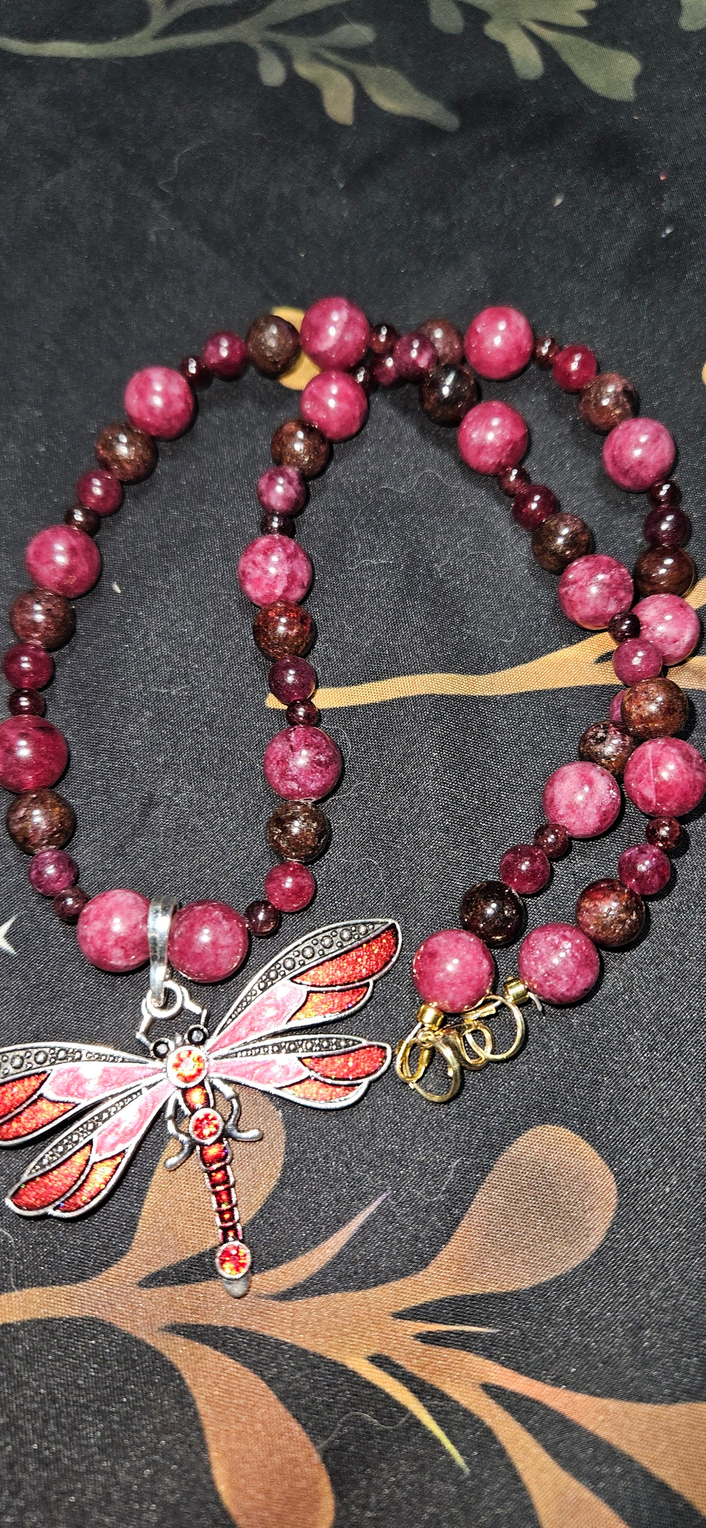 Garnet Wave Pattern Beaded Necklace with Dragonfly Pendant