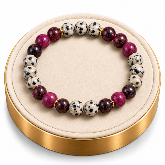 Garnet & Dalmatian Jasper Bracelet – 7.5" Elastic Bracelet