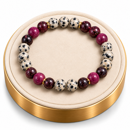 Garnet & Dalmatian Jasper Bracelet – 7.5" Elastic Bracelet