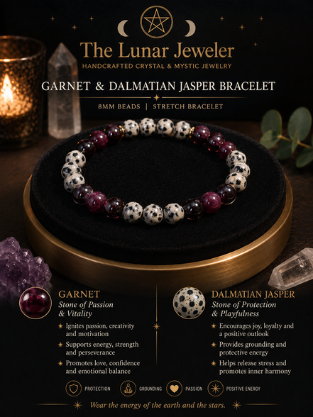 Garnet & Dalmatian Jasper Bracelet – 7.5" Elastic Bracelet