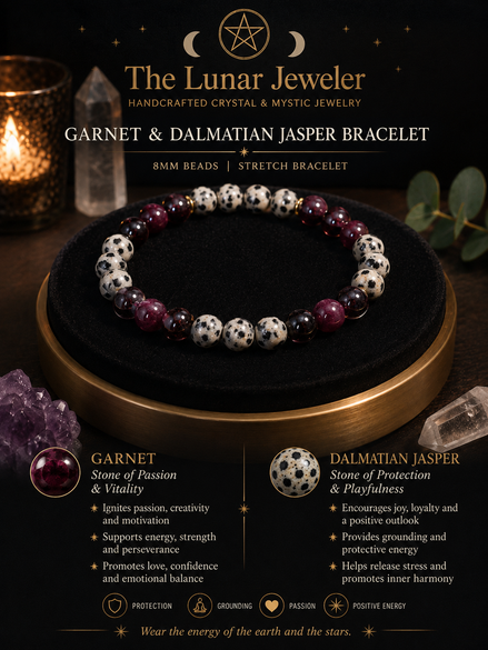 Garnet & Dalmatian Jasper Bracelet – 7.5" Elastic Bracelet