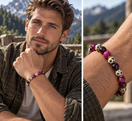 Garnet & Dalmatian Jasper Bracelet – 7.5" Elastic Bracelet