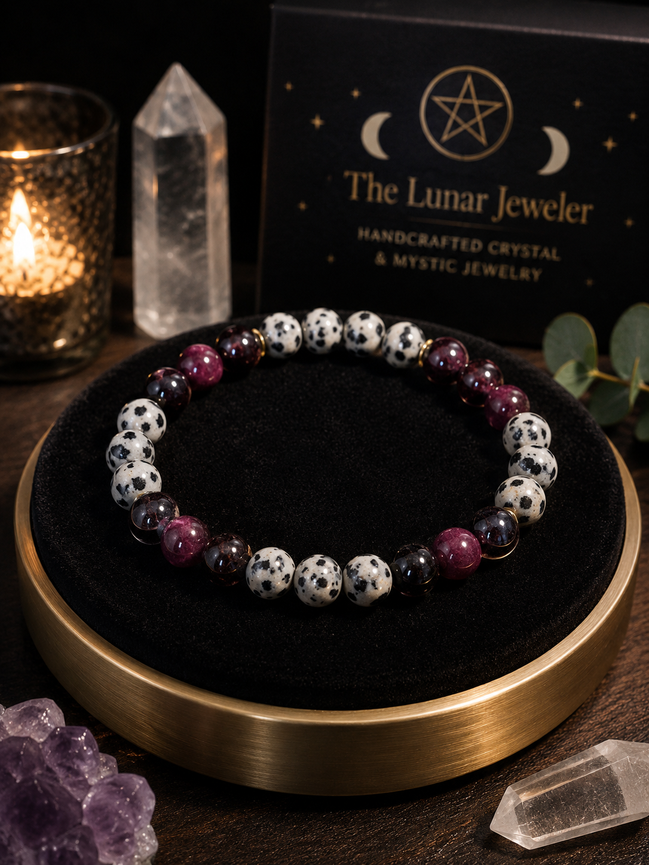 Garnet & Dalmatian Jasper Bracelet – 7.5" Elastic Bracelet